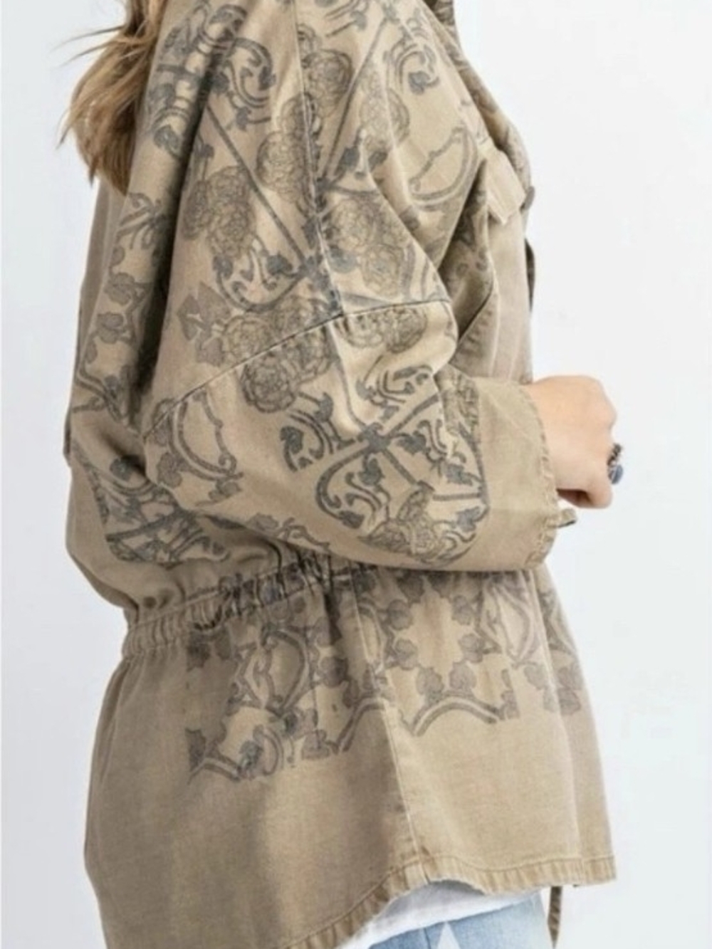 Easel Utility Drawstring Jacket in Tan with Subtle Print - Picture 10 of 11